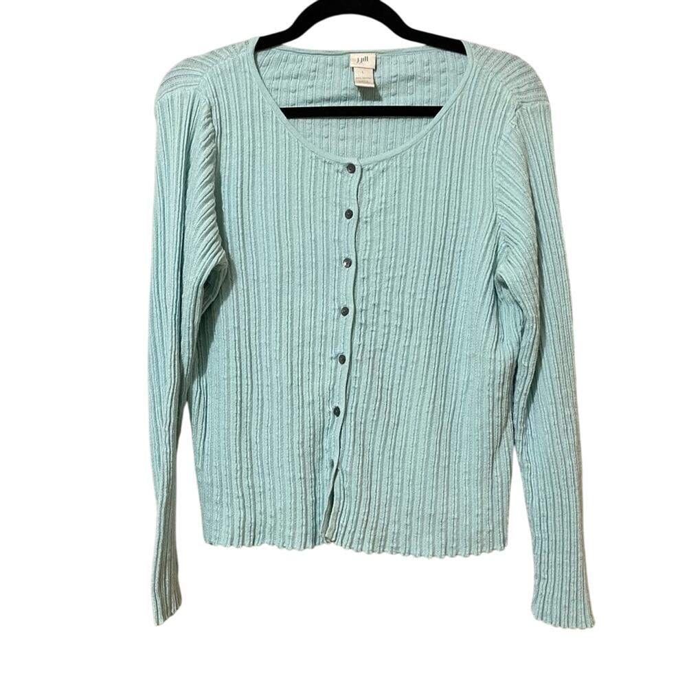J Jill Teal Knit Button Down Cardigan Sweater Womens L Cable Preppy Blue Classic